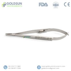 GoldSun Instruments Castroviejo Micro Needle Holder with smooth, diamond dust-coated jaws and lock – ideal for microsurgery and ophthalmic precision.